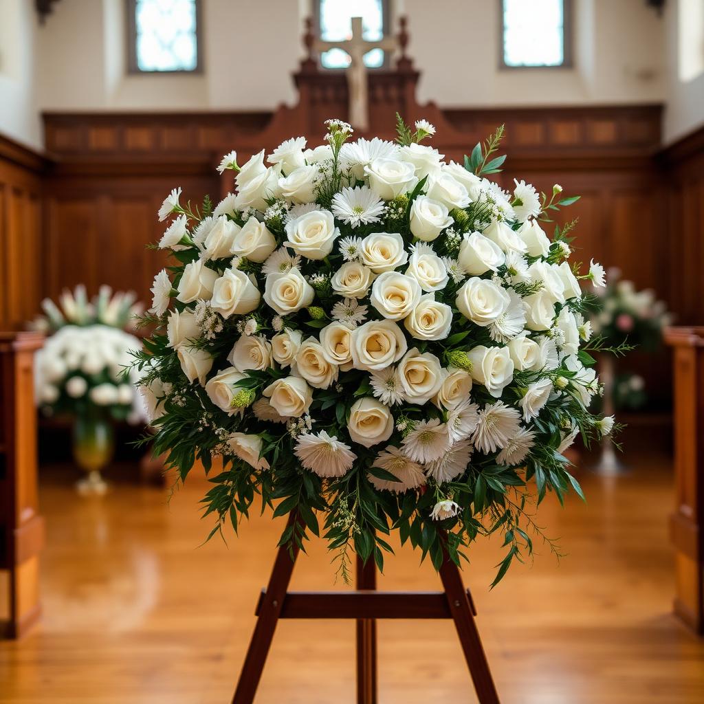Coroană funerară din trandafiri albi